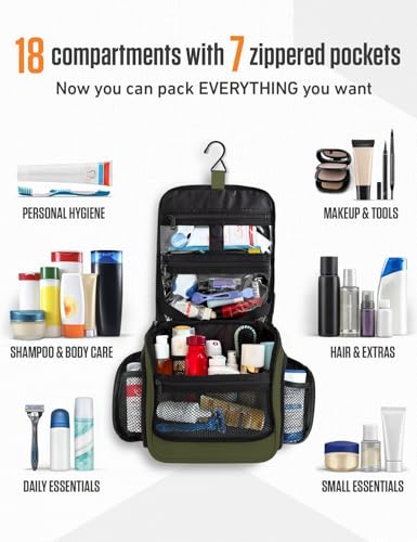 VENTURE 4TH Hanging Travel Toiletry Bag for Women & Men – Large Toiletry Organizer with 18 Compartments, Removable TSA Pouch, Travel Wash Bag for Toiletries, Makeup & Shaving Kit (Dark Green) - color: Dark Green