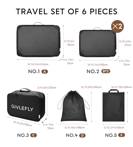 GIVLEFLY Compression Packing Cubes for Travel, 6-Piece Lightweight Luggage Organizer Bags, Space Saving Suitcase Packing Set for Women - color: Black