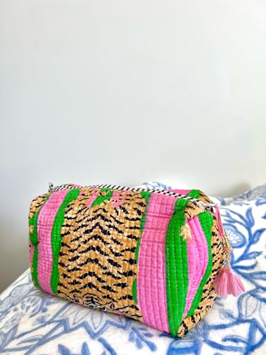 YILLE Set of 3 Pieces Block Printed Travel Organizer Kit Storage Bag for Women Makeup Bag Travel Cosmetic Bag (Pink Green Fat Tiger) - color: Pink Green Fat Tiger