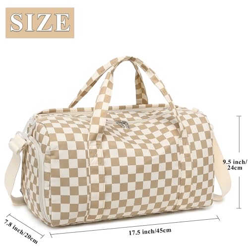 Gym Bag Sports Duffle Bag with Wet Pocket Weekender Overnight Bag with Waterproof Shoe Pouch and Air Hole for Girls Kids Women Travel Workout Bag - color: Brown checkered