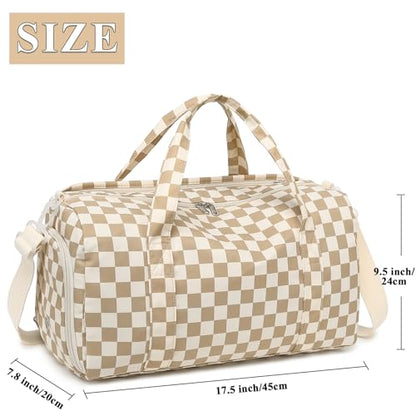 Gym Bag Sports Duffle Bag with Wet Pocket Weekender Overnight Bag with Waterproof Shoe Pouch and Air Hole for Girls Kids Women Travel Workout Bag - color: Brown checkered