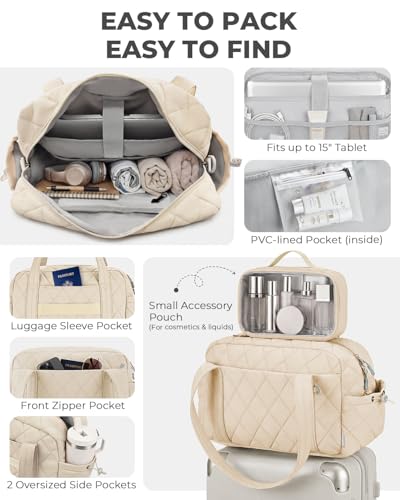 Percover Weekender Bag for Women, Ultra Lightweight Travel Duffle, Carry On Personal Item Overnight Bag with Toiletry Pouch & Compartments, Quilted Gym & Travel Bag, Ivory Beige - color: Ivory Beige