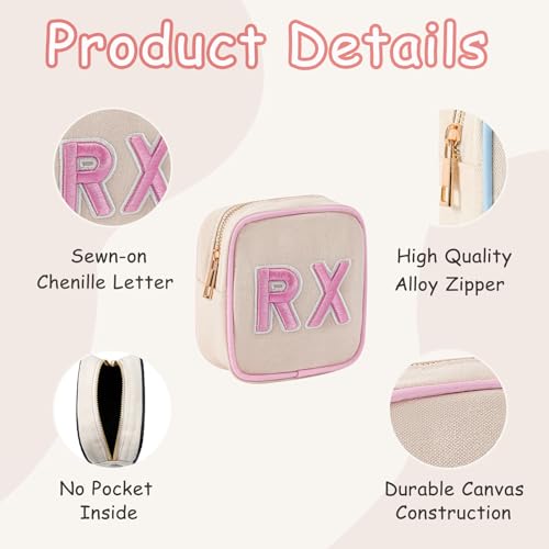 RSRSLEII Small Canvas Rx Medicine Packages, Cute Chenille Letter Patch Drug Makeup Bag with Metal Zipper, Mini Travel First Aid Purse Organizer Machine Washable (04Light-Pink) - color: 04Light-Pink