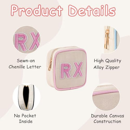 RSRSLEII Small Canvas Rx Medicine Packages, Cute Chenille Letter Patch Drug Makeup Bag with Metal Zipper, Mini Travel First Aid Purse Organizer Machine Washable (04Light-Pink) - color: 04Light-Pink