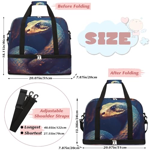Travel Duffle Bags With Shoes Compartment for Women Men Funny Animal Snake Lightweigh Sports Tote Gym Bag Foldable Canvas Weekender Overnight Carry On Luggage Handle Bag - color: print 11