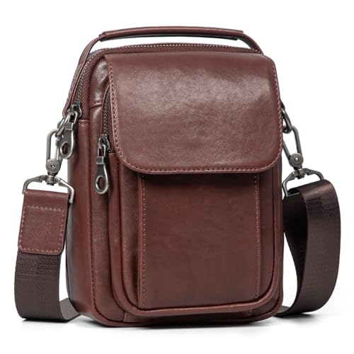 Augus Leather Small Messenger Bag For Men Crossbody Handbag Shoulder Sling Travel Bags for Men Purse Daypack Magnetic Buckle - color: Coffee-1