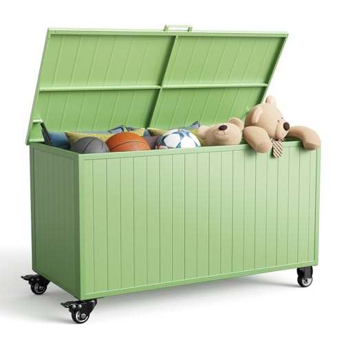 Outdoor Storage Box with Wheels 150 Gallon, Mobile Aluminum Deck Boxes Outdoor Waterproof, UV Resistant Patio Storage Box with Lid for Patio Furniture, Garden Tools, Outdoor Cushion(Green) - color: Green, size: 150 Gallon