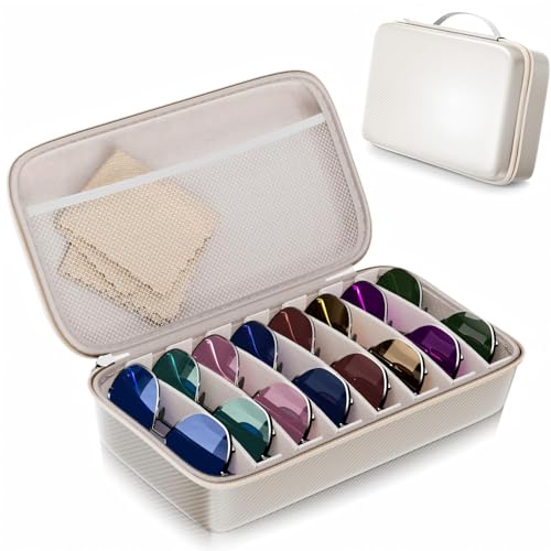 Travel Sunglasses Organizer, Hard Shell Sunglass Case Adjustable Slots for Multiple Sunglass Eyeglass Case - style: White + 8 Slot