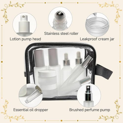 18-Pack Glass Travel Bottles Set, 1.35/0.7/1 oz TSA Approved Containers with Pump Spray, White Small Bottles for Toiletries, Makeup, Skincare - color: White-frosted glass