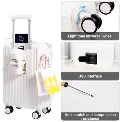 Carry-on Luggage with Cup Holder & USB Charging Port, Hard Side Luggage with Spinner Wheels, Lightweight Luggage for Travel, Business (White, Carry-On 20-Inch) - color: White