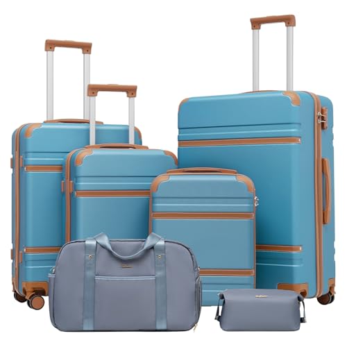 LONG VACATION Luggage Set 6 Piece Suitcase with Spinner Wheels, ABS+PC Hardshell Luggage with TSA Lock & YKK Zipper - color: Blue, size: 6 Piece Set