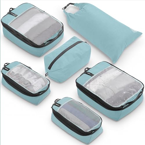 Compression Packing Cubes for Travel by TRIPPED – 6-Piece Premium Set with Laundry & Shoe Bag, Space Saving Travel Organizer Bags for Suitcase & Carry-On Luggage (Dusty Teal Mesh) - color: Dusty Teal Mesh - 6 Piece