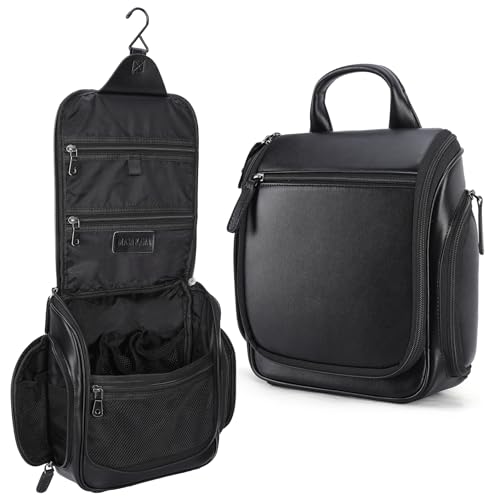 Masa Kawa Leather Hanging Travel Toiletry Bag for Men Portable Expandable Camping Cosmetics Makeup Toiletries Organizer Waterproof Bathroom Shaving Kit Black Wash Bags - color: Black