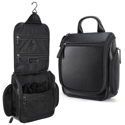 Masa Kawa Leather Hanging Travel Toiletry Bag for Men Portable Expandable Camping Cosmetics Makeup Toiletries Organizer Waterproof Bathroom Shaving Kit Black Wash Bags - color: Black