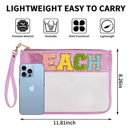 Iqimott Monogram Clear Letter Beach Bag Flat Pouch, Chenille Glitter Letter Patch Makeup Cosmetic Bag Zipper Toiletry Pouch, Portable Travel Beach Snack Wristlet Bags for Women Girls(Beach, Purple) - color: Beach-Purple