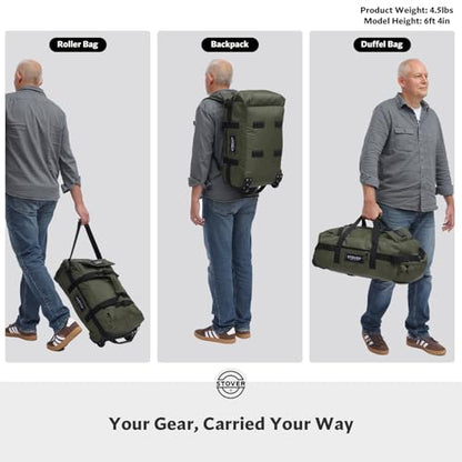 STOVER 45/80/100L Carry-On Rolling Duffel Bag with Wheels, Medium Durable Travel Duffle w/Toiletry Bag, Packable, Foldable with Shoulder Straps- Use as Luggage or Backpack, Men/Women (Green) - color: Green