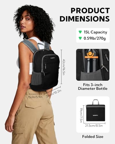 WATERFLY Packable Lightweight Small Backpack: 15L Foldable Mini Hiking Daypack - Ultralight Compact Day Pack for Women Men Outdoor Travel Camping Walking - Black - color: Black