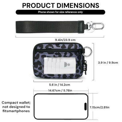 YDF Small Nylon Wristlet Wallet for Women, Minimalist Zip Keychain Coin Purse Card Case with Clear ID Window, Water-Resistant Pouch - color: Charcoal Leopard