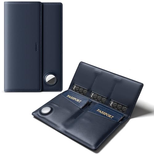 VULKIT Family Passport Holder for 4 Leather Passport Wallet with Airtag Slot Multiple Passport Holder RFID Blocking Bifold Travel Documents Organizer - color: Navy