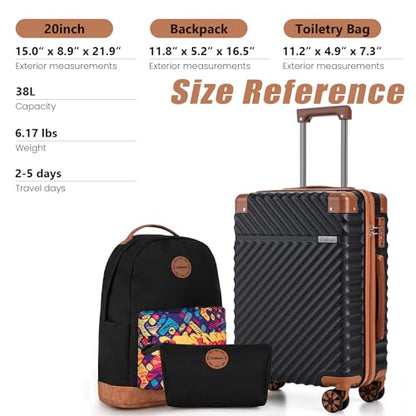 Cosbarn Carry On Luggage 22x14x9 Airline Approved, Hardside 20 Inch Carry on Suitcases with Wheels, Hard Shell ABS Lightweight Carry on Luggage Set, Travel Suitcase Set with TSA Lock, Black - color: Black, size: 3 Piece Sets (20/BP/TB)