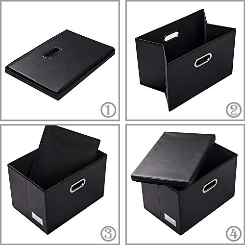 PRANDOM Large Foldable Storage Bins with Lids [3-Pack] Leather Fabric Collapsible Storage Boxes Organizer Containers Baskets Cube with Cover for Home Bedroom Closet Office Black(17.7x11.8x11.8) - color: Black, size: Large(3-Pack)
