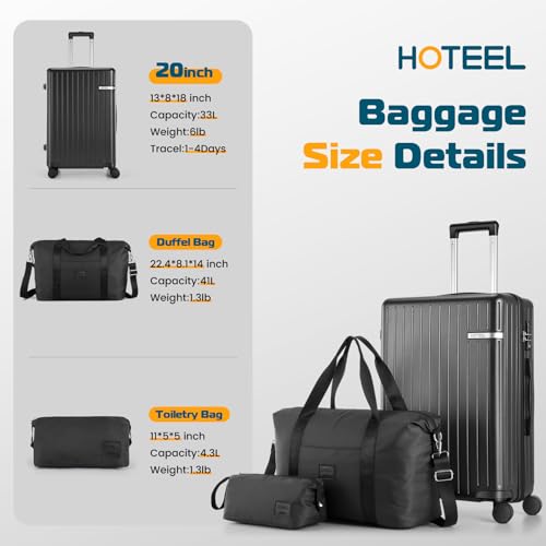 Hoteel Luggage Sets 3 Piece, 4-Yr Warranty, PC+ABS Suitcases with Wheels and Side Hook, Hardshell 20 inch Luggage with Duffel Bag Travel Bag, Black(20/DB/TB) - color: Black, size: 3 Piece Set (20/DB/TB)