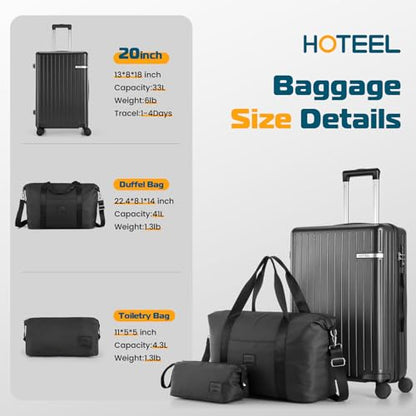 Hoteel Luggage Sets 3 Piece, 4-Yr Warranty, PC+ABS Suitcases with Wheels and Side Hook, Hardshell 20 inch Luggage with Duffel Bag Travel Bag, Black(20/DB/TB) - color: Black, size: 3 Piece Set (20/DB/TB)