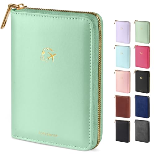 Forvencer Passport Holder Cover with Safe Zipper Closure, Premium Passport Wallet for Travel, Cute RFID Blocking Card Case, Waterproof Travel Accessories for Women, Mint Green - color: Mint Green, style: Zipper Closure