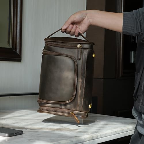 Polare Full Grain Leather Toiletry Bag Travel Dopp Kit Makeup Cosmetic Organizer Shaving Kit Wash Case with Hanging Hook