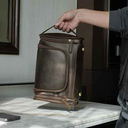 Polare Full Grain Leather Toiletry Bag Travel Dopp Kit Makeup Cosmetic Organizer Shaving Kit Wash Case with Hanging Hook