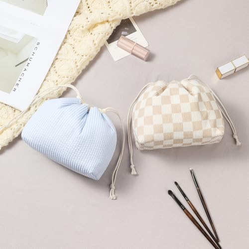 Cotton Quilted Seersucker Makeup Bag with Canvas Lining,Coquette Aesthetic Cute Travel Toiletry Bag,Drawstring Gift Bag for Women and Girls（Seersucker） - color: Seersucker