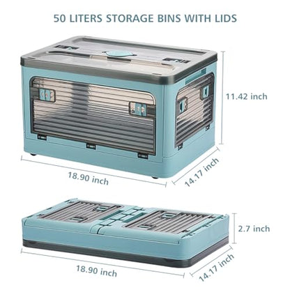 Folding Storage Bins, 50 Liters, 2 Pcs Blue plastic Storage Containers with Wheels, Double Doors, Foldable, Stackable, Plastic Box with Lids for Organization, Storage Cart
