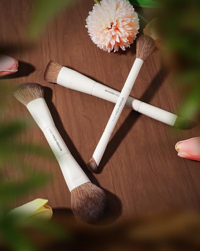 EIGSHOW Makeup Brush Set, 3Pcs Double Ended Face Makeup Brushes for Foundation Powder Contour Highlight Concealer Nose Shadow, Travel Gift Set (Beige) - color: Beige