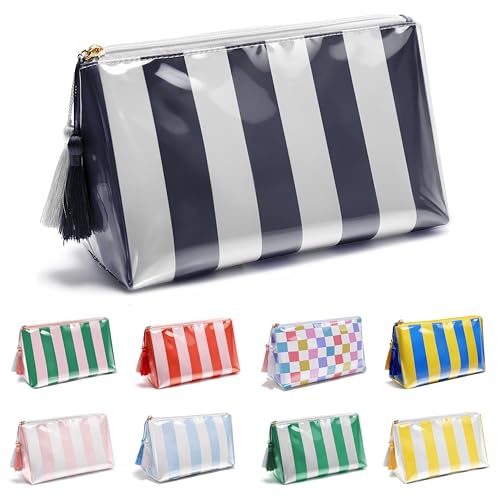 Makeup Bag for Purse, PVC Toiletry Cosmetic Bags for Women Girls, Waterproof Travel Makeup Bag Organizer Zipper Pouch Beach Summer Vacation Essentials Gifts for Women - color: Blue+White Striped, size: Small(9.84in*4.33in*5.91in)