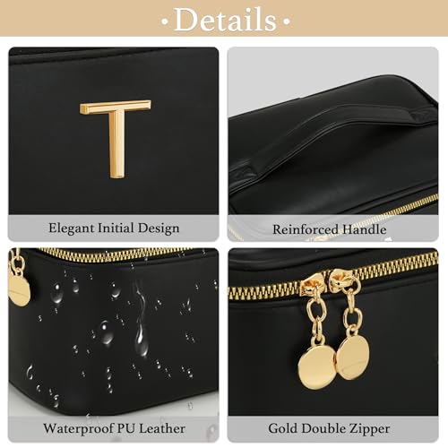 Personalized Initial Makeup Bag Gifts for Women, Large Travel Cosmetic Organizer with Handle & Divider, PU Leather Toiletry Bag for Girls, Birthday Bridesmaid Gift Set - Black - T - color: Black, style: T