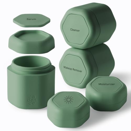 Cadence Travel Containers - Core Skincare Set - Magnetic Containers with Lids,2 Small (0.56oz) & 3 Medium (1.32oz) - Cleanser, Moisturizer, Serum, Makeup Remover & Sun Icon Labels - Eucalyptus - color: Eucalyptus, size: Core Set