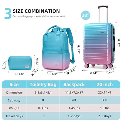 LARVENDER Carry on Luggage 22x14x9 Airline Approved Hardshell Suitcase with Wheels TSA Lock, PC+ABS Lightweight Suitcase Set for Women with Travel Backpack, Cotton Candy, 3 Piece Set - color: Cotton Candy-20BP, size: 3 Piece Set (Backpack/TB/20)
