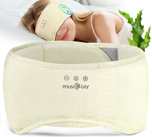 MUSICOZY Bluetooth 5.4 Sleep Headphones Eye Mask with Seaweed Fiber Cotton, Ultra Soft Fully Wrapped Sleep Mask with Headphones for Side Sleepers, 14 Hours Playtime, Gifts for Men Women, Beige - color: Beige