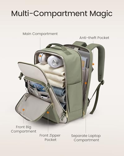 LOVEVOOK 50L Travel Backpack for Women & Men, Airline Approved Carry On Luggage with 3 Packing Cubes, TSA Overnight Bags, Waterproof Personal Item Bag, Weekender Essentials Backpacks fits 17" Laptop - color: Light Green-beige-olive Green, size: X-Large