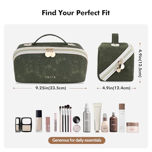 Prite Makeup Bag for Women Travel Waterproof Vegan Leather Cosmetic Bag Open Flat Toiletry Bag With Clear Divider and Handle (Green Flower, Medium) - color: Green Flower, size: Medium