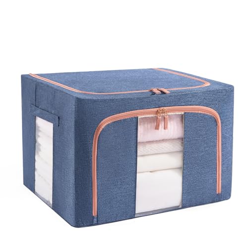 GuliPostan 100L Stackable Clothes Storage Bins with Metal Frame Handles & Zipper, Collapsible Closet Organizer Box with Lid for Bedding Blankets Towel (Navy,1 pack) - color: Navy, size: Extra Large-100L (1 Pack)