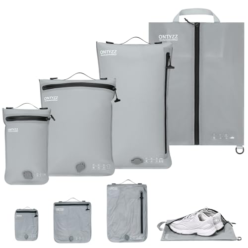 ONTYZZ Vacuum Bags for Travel, Professional Reusable Organizer Bag with IPX8 Waterproof Zipper, Durable Seal Space Saver and ShoseBags for Traveling Essentials, Grey (4 Set No Pump) - color: Grey, size: 4 Set,No Pump
