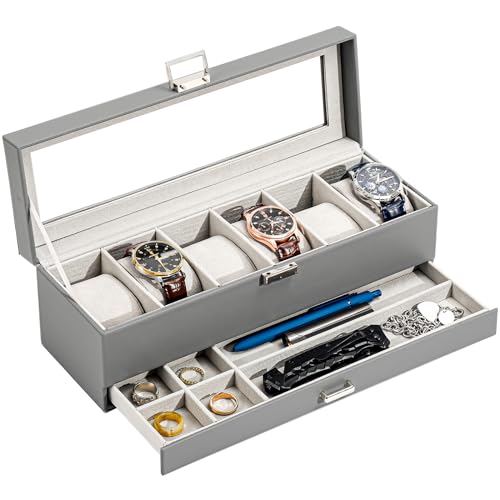 ProCase Watch Box, 6 Slot Watches Display Case with Drawer, Mens Watch Case with Glass Lid, 2-Layer Mens Jewelry Organizer Storage Holder, Birthday Valentine Gifts for Men -6 Slot, Grey - color: Grey, size: 6-Slot