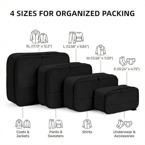 4 Piece Compression Packing Cubes for 3–7 Day Travel, Space Saving Travel Organizers with Breathable Mesh, Double-Zipper Packing Cubes for Carry-On & Suitcases (Black) - color: Black