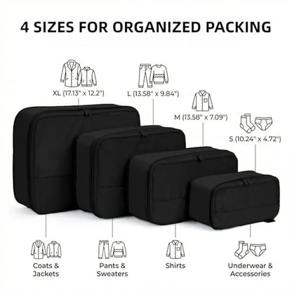 4 Piece Compression Packing Cubes for 3–7 Day Travel, Space Saving Travel Organizers with Breathable Mesh, Double-Zipper Packing Cubes for Carry-On & Suitcases (Black) - color: Black
