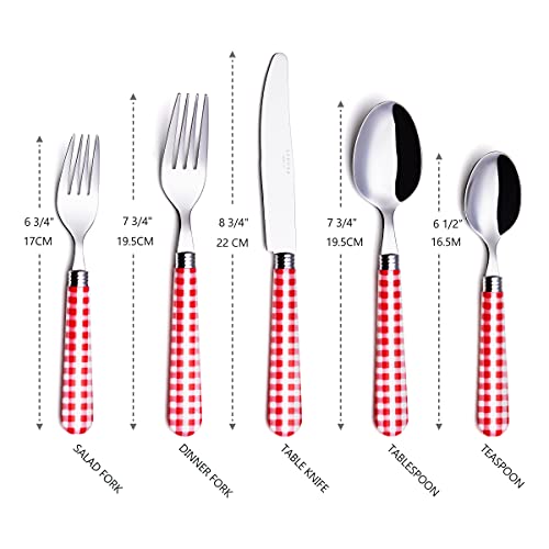 ANNOVA Stainless Steel Colorful Tableware Kitchen Flatware Set Utensils, Includes Dinner Knives, Forks, Spoons, Salad Forks & Dessert Spoons, Modern Rounded Shape (Red Checkered, 20 Pieces) - color: Red