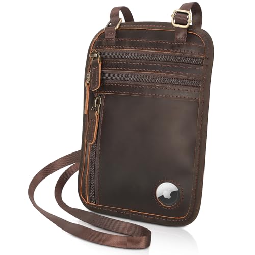Polare Full Grain Leather Neck Wallet RFID Blocking Conceal Passport Holder Travel Pouch with AirTag Slot for Men - color: Dark Brown