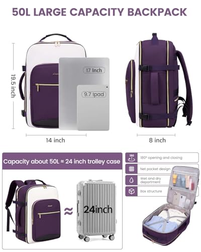 LOVEVOOK 50L Travel Backpack for Women & Men, Airline Approved Carry On Luggage with 3 Packing Cubes, TSA Overnight Bags, Waterproof Personal Item Bag, Weekender Essentials Backpacks fits 17" Laptop - color: Purple-beige-black, size: X-Large