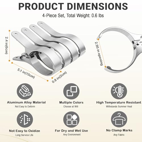 4 PCS Extra Large Beach Towel Clips,5.1 Inches Heavy Duty Aluminum Alloy + Stainless Steel Clip for Chairs,2.95 Inch Opening,Portable Windproof Cruise Ship Essentials,for Laundry,Camping and Travel - color: Silver