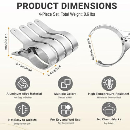 4 PCS Extra Large Beach Towel Clips,5.1 Inches Heavy Duty Aluminum Alloy + Stainless Steel Clip for Chairs,2.95 Inch Opening,Portable Windproof Cruise Ship Essentials,for Laundry,Camping and Travel - color: Silver